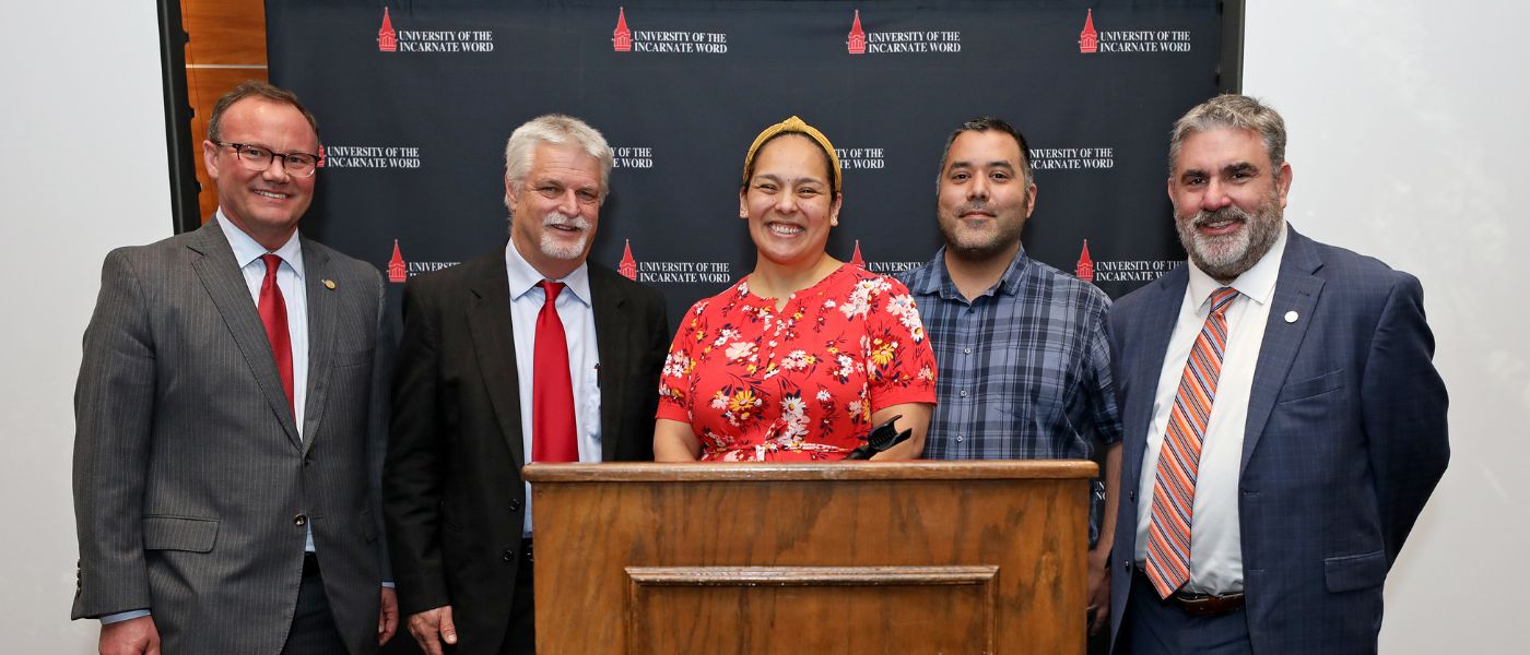 President Dr. Thomas M. Evans, Dr. Glenn James, Dr. Nichole M. Flores, Dr. Horacio Vela and Dr. Javier Clavere