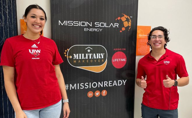 Two students in red shirts