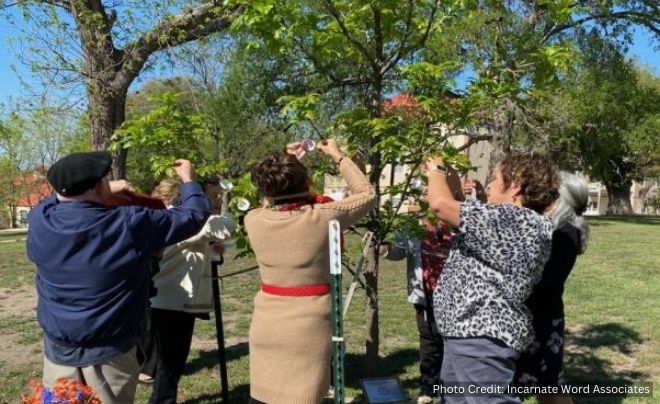 Participants in the dedicaton hang emblems on a tree