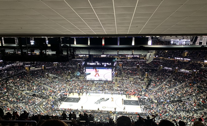 Wide view of Spurs basketball game at Frost Bank Center