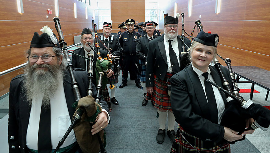 Chief Catts with bag pipers