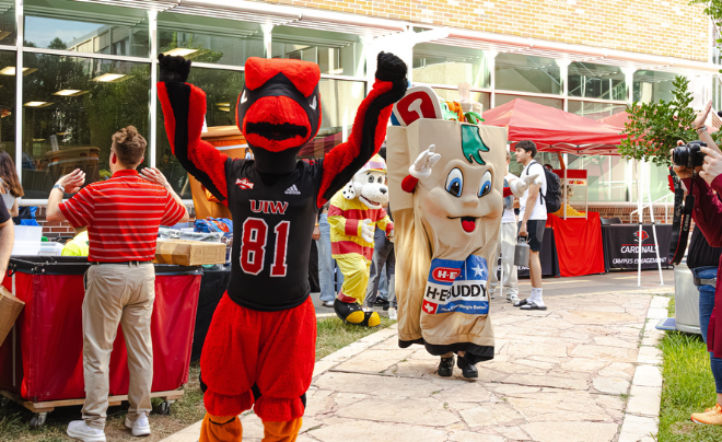 Red the Cardinal and other mascots at Night Night Out