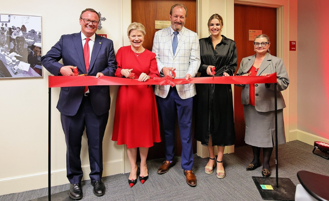 (L-R) Dr. Thomas M. Evans, UIW President; Karin Beckendorf; Scott Beckendorf; Sophie Rose Beckendorf; Dr. Jeannie Scott, Dean, H-E-B School of Business and Administration