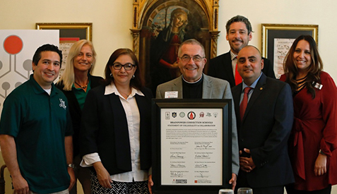 Leaders of new Brainpower Connection (L-R): Gabriel Duarte, Principal - St. Peter Prince of the Apostles School; Dr. Anna Downey, Principal - Incarnate Word High School; Patricia Ramirez, Principal - St. Anthony Catholic School; Brother John Paige, VP UIW Dreeben School of Education; Dr. William Daily, Principal - St. Mary Magdalen School; Michael Fierro, Principal - Blessed Sacrament Catholic School; Dr. Kristina Vidaurri, Principal - St. Anthony Catholic High School