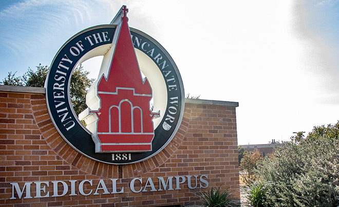 School of Medicine sign and UIW logo