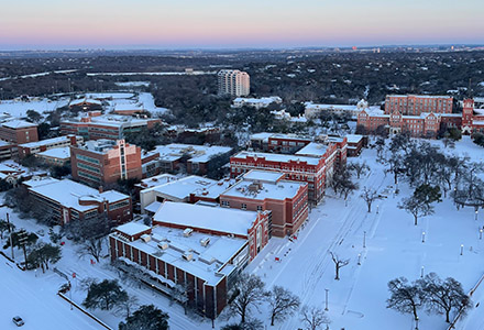 Aerial view of the UIW campus covered in snow during the freeze