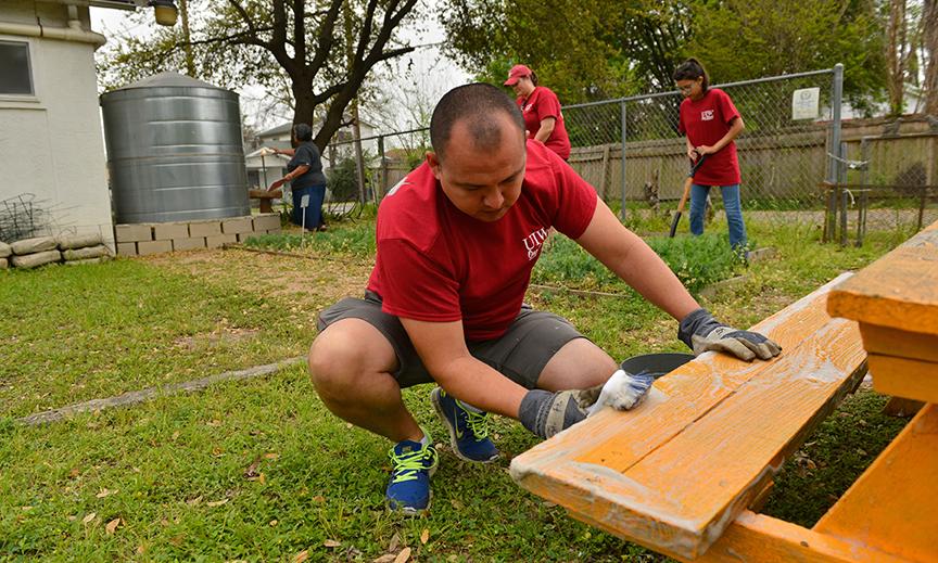 A volunteer coats a picnic bench