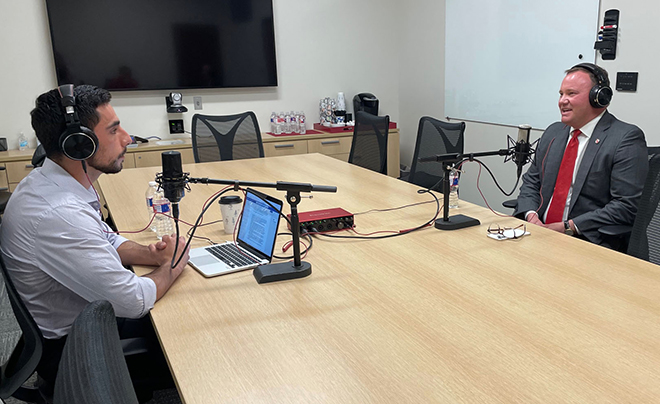UIW president and student Jorge Quintero recording podcast