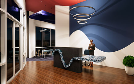 CAD rendering of a women in a lobby with modern furnishings