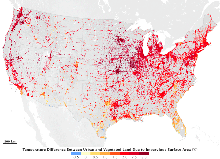 A map of Urban Heat Islands in the USA showing temp differences from cities and rural lands