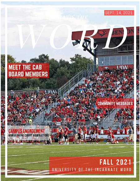 What's the Word, Sept 14, 2021.  Fall, 2021 Cover page, Crowd at the football game, CAB member introductions,  community messages,  and homecoming nominations.
