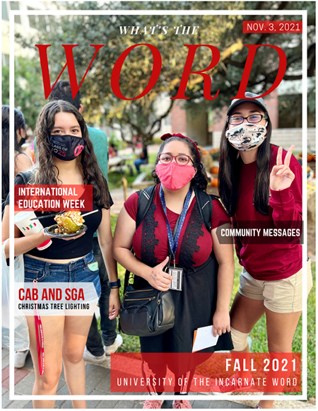 What's the Word, Nov. 3, 2021.  Fall, 2021 Cover page, Students at pumpkin patch, CAB and SGA Christmas Tree Lighting and community messages,  